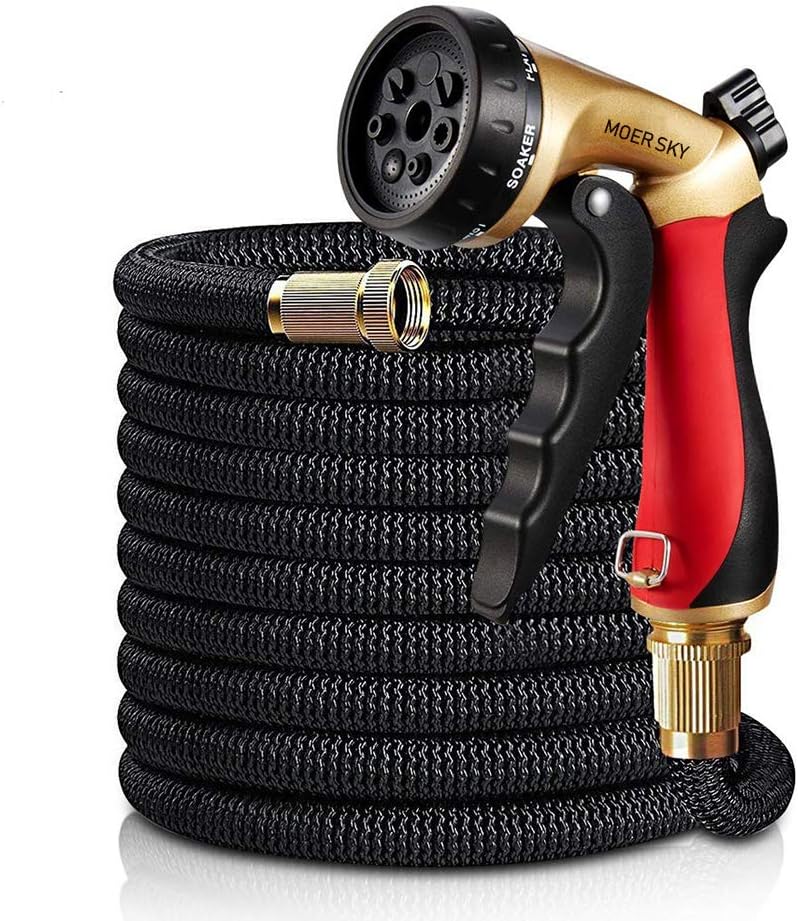 Garden Hose Expandable 50ft - Moer Sky Super Durable 3750D / 2-Layers Latex / 3/4" Solid Brass Connectors / 7-Way Professional Zinc Water Spray Nozzle