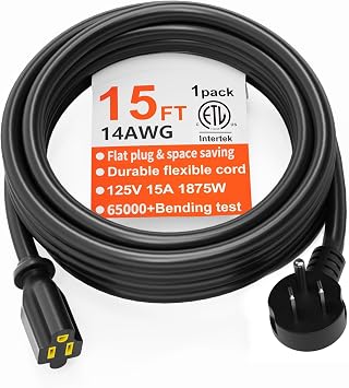 HUANCHAIN 14AWG 15FT Black Flat Plug Extension Cord, Indoor