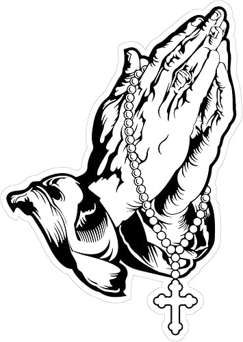 Calcomanía para coche con manos rezando y rosario - Muestra tu fe - Vinilo permanente brillante prémium (negro y blanco, 1)