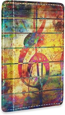 Abstract Colorful Collage of Musical Notes and Violins Slim Minimalist Wallet, Front Pocket RFID Leather Blocking Card Holder Case for Men Women Girls Ladies, Stylish Printing Gift