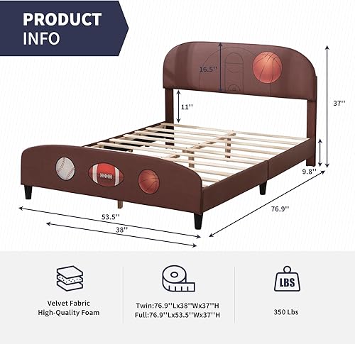 Miniatura 2 de Zafly - Marco de cama matrimonial para niños, marco de cama tapizado de madera con soporte de listones, marco de cama para niños con cabecera