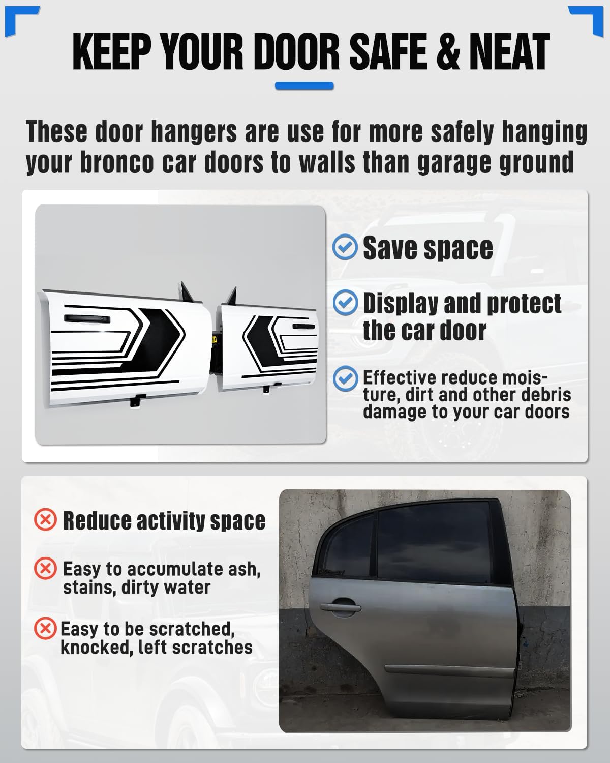 ROADER Bronco Front Door Storage Hanger Fit for Ford Bronco 2021 2022 2023 2024 2/4-Door, Wall-Mount Front Door Holder Bracket Rack with Storage Bag, Heavy Duty Steel MOLLE Panel, 2pcs