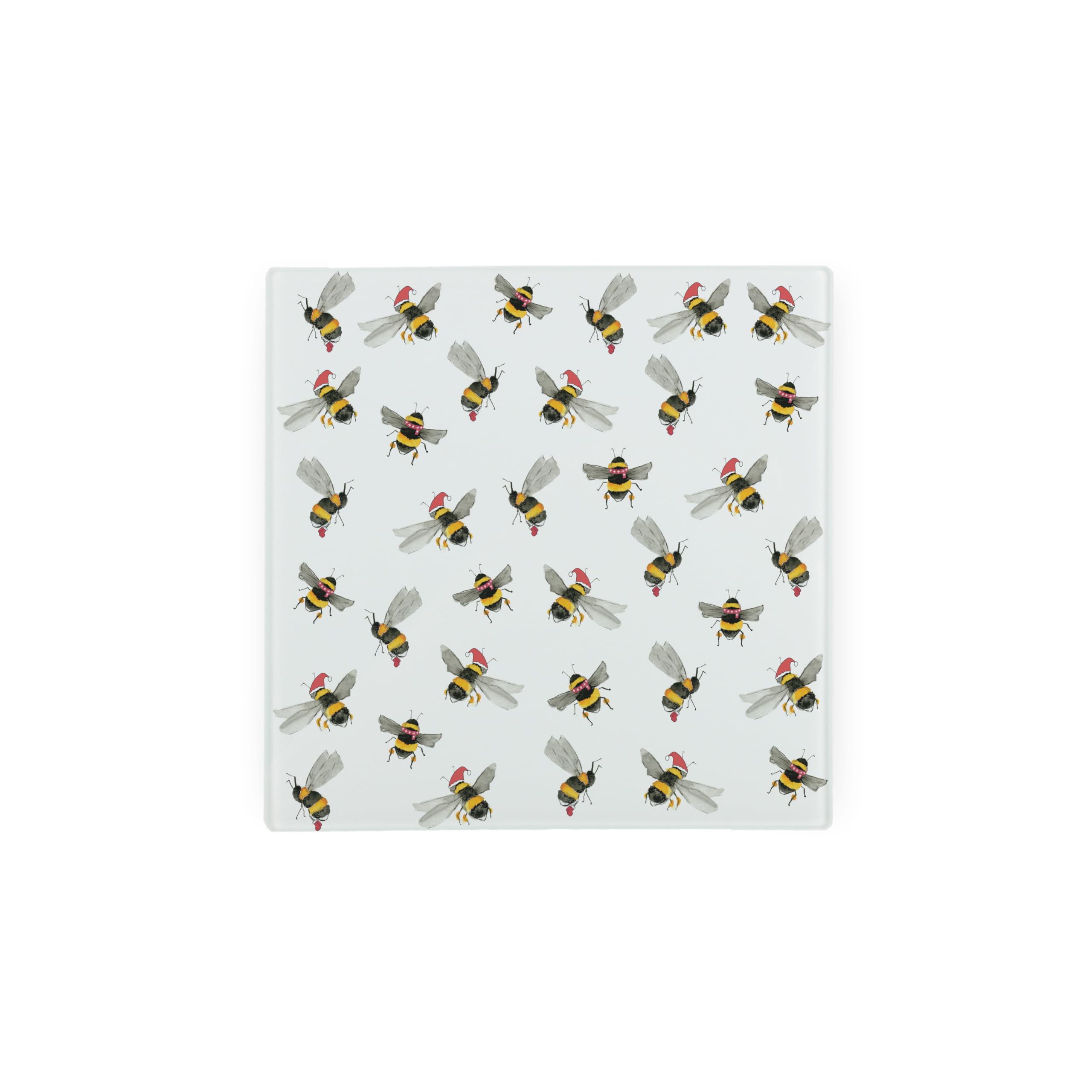 Purely Home Christmas Bees Glass Hot Pot Stand - Bumblebee Xmas Gift Trivet - Kitchen Chopping/Cutting Board Worktop Protector With Non-Slip Feet 20Cm X 20Cm (8" X 8")