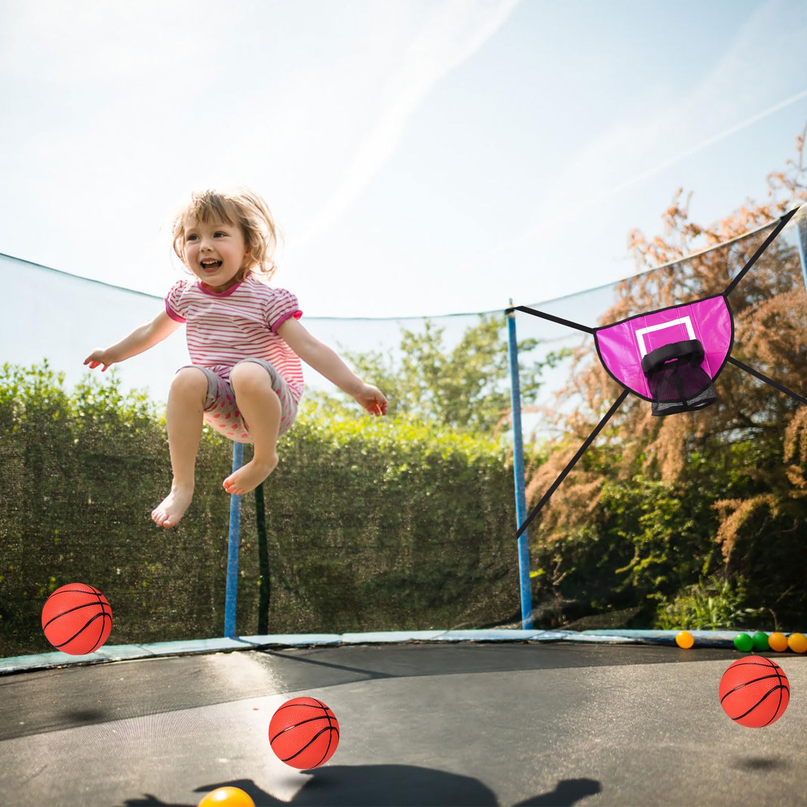 lasuroa Ensemble de Fixation Panier Basket-Ball Trampoline, But Basket-Ball Souple Trampoline avec 3 Mini Ballons Basket et 1 Pompe, Accessoires Trampoline Étanches pour Amateurs Basket-Ball (Rose)