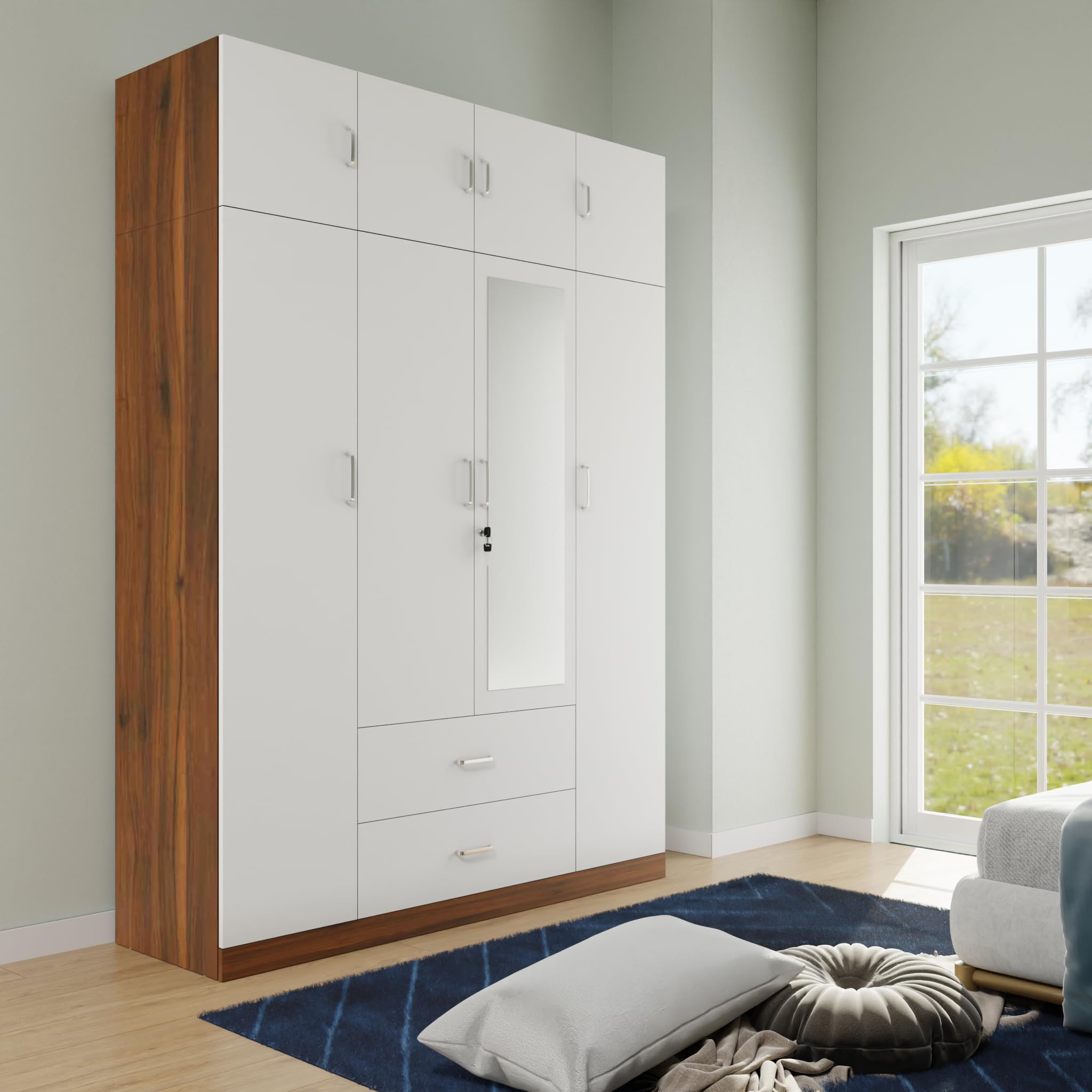 VIKI Wardrobe | Wooden Almirah for Clothes,Door for Bedroom with Loft, 4 Door Wardrobe with Drawer, Mirror & Hanging Space (Walnut & White - 40D x 160W x 220H) | 1 Year Warranty | Free Assembly