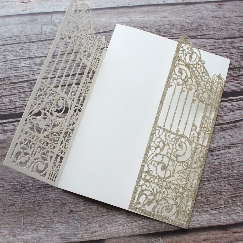MillaSaw Partecipazioni matrimonio d'oro scintillante Gate Laser Design Per Matrimoni Fidanzamento Sirena 25 Set (oro glitterato)