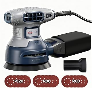 Toolok 5-Inch Random Orbital Sander, 3Amp Electric Palm Sander, 6 Variable Speeds 6000-13000 OPM, Dust Bag, Vacuum Adapter & 15 Sandpapers for Woodworking