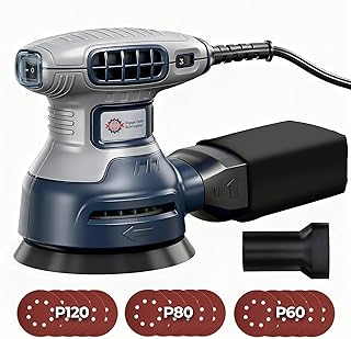 5-Inch Random Orbital Sander, 3Amp Electric Corded Palm Sander with 6 Speeds (6000-13000 OPM), Dustless Dust Bag & Vacuum Adapter, 15 Sandpapers for Woodworking, Furniture Refinishing, Paint Removal