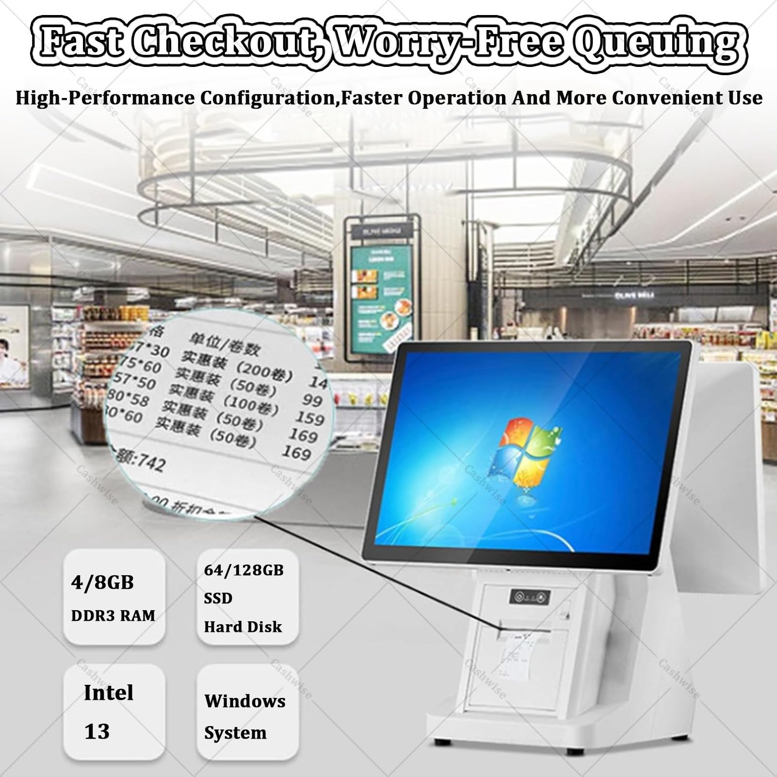 Terminal de point de vente pour petites entreprises avec double écran tactile de 15,6 pouces, Windows, caisse enregistreuse pour commerces de détail et restaurants, imprimante thermique 8G128G-80mm