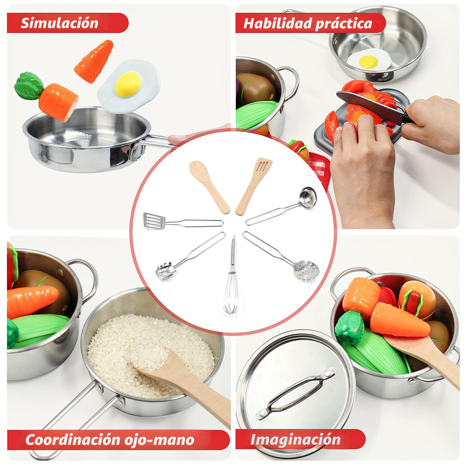 DeAO Juego De Cocina Para Niños Con Ollas De Acero Inoxidable, Alimentos Para Cortar Y Utensilios - Set De Chef Infantil Para Juego De Rol Desde 3 Años