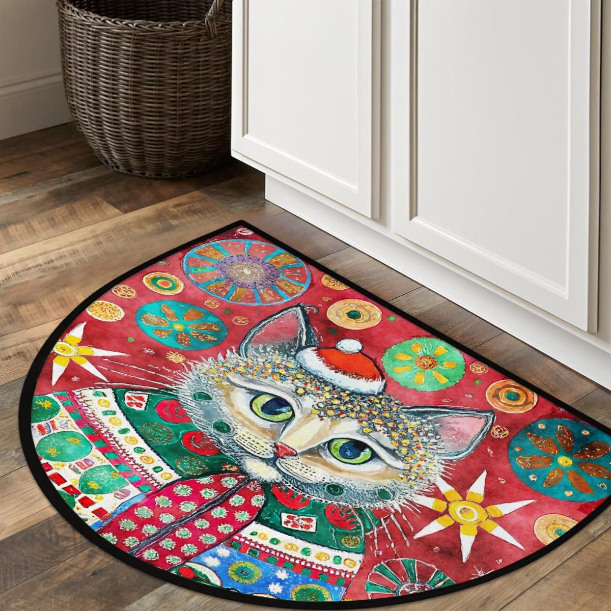 Half Round Door Mat Cartoon Cat Christmas Non-Slip Soft Semi Circle Rug Washable Half Moon Welcome Entrance Doormat for Outdoor Indoor Floor Bedroom Bathroom Home Kitchen Festival Decor Gift