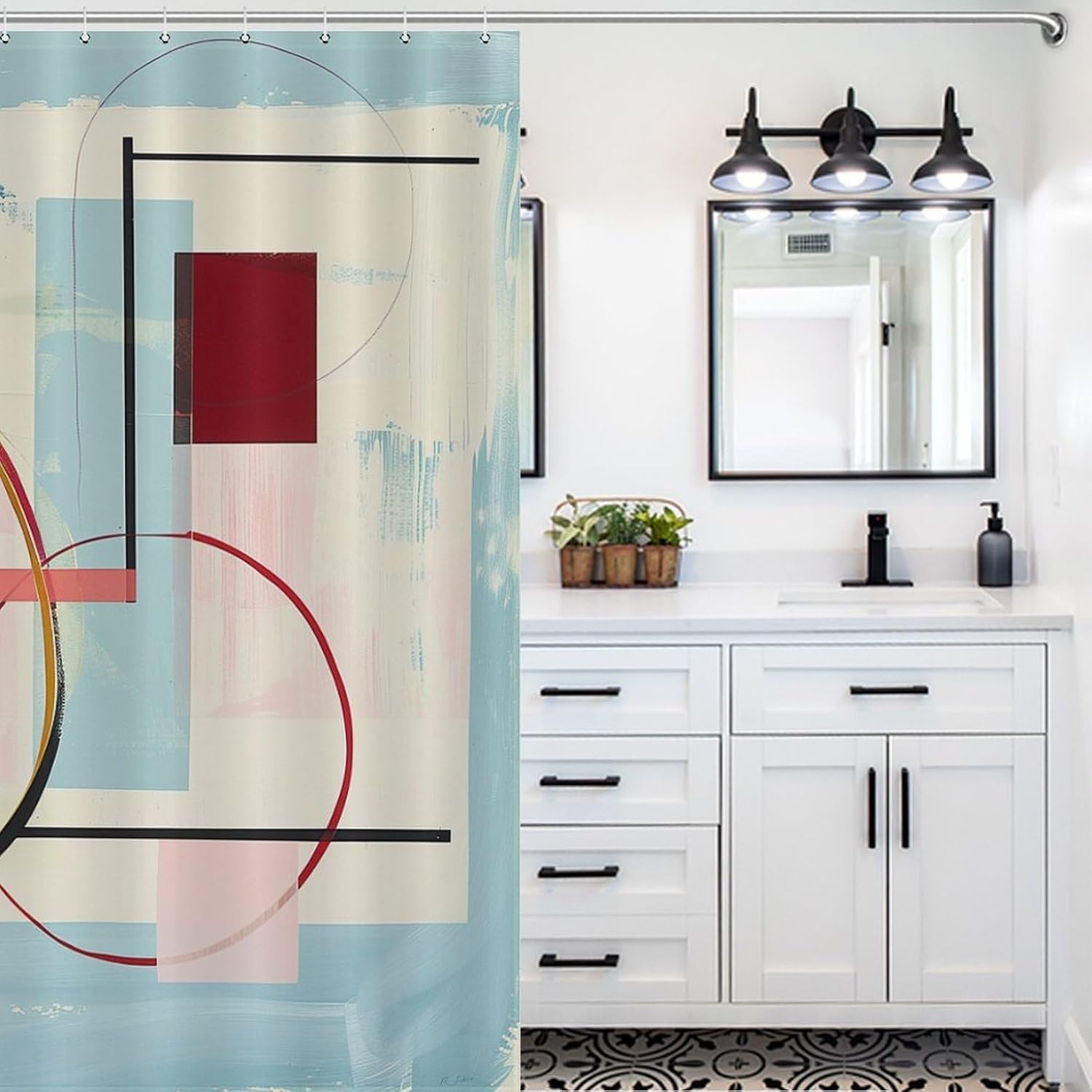 Red Light Blue Geometrical Shapes Art Shower Curtains Modern Colors Shower Curtain with Hooks Fabric Waterproof Wide Shower Curtain Bathroom Curtain Decor 66x72Inch
