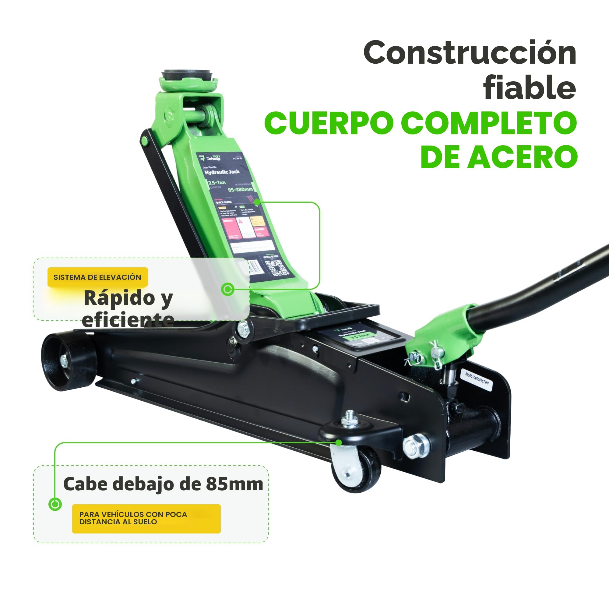 Gato Hidráulico de Carretilla 2,5 T (2500 kg) – Perfil Bajo, Altura 85-380 mm – Elevación Rápida, Almohadilla de Goma y Ruedas 360° – Gato para Coches y SUV, Ideal para Cambio de Rueda
