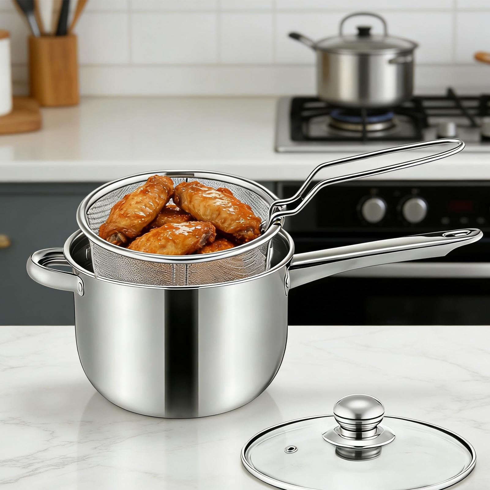 Freidora Eléctrica de Acero Inoxidable Olla de Acero Inoxidable | Freidora con Cesta Para Cocina Hogar, Cámping, Picnics, , Cocinar Pescado y Pollo