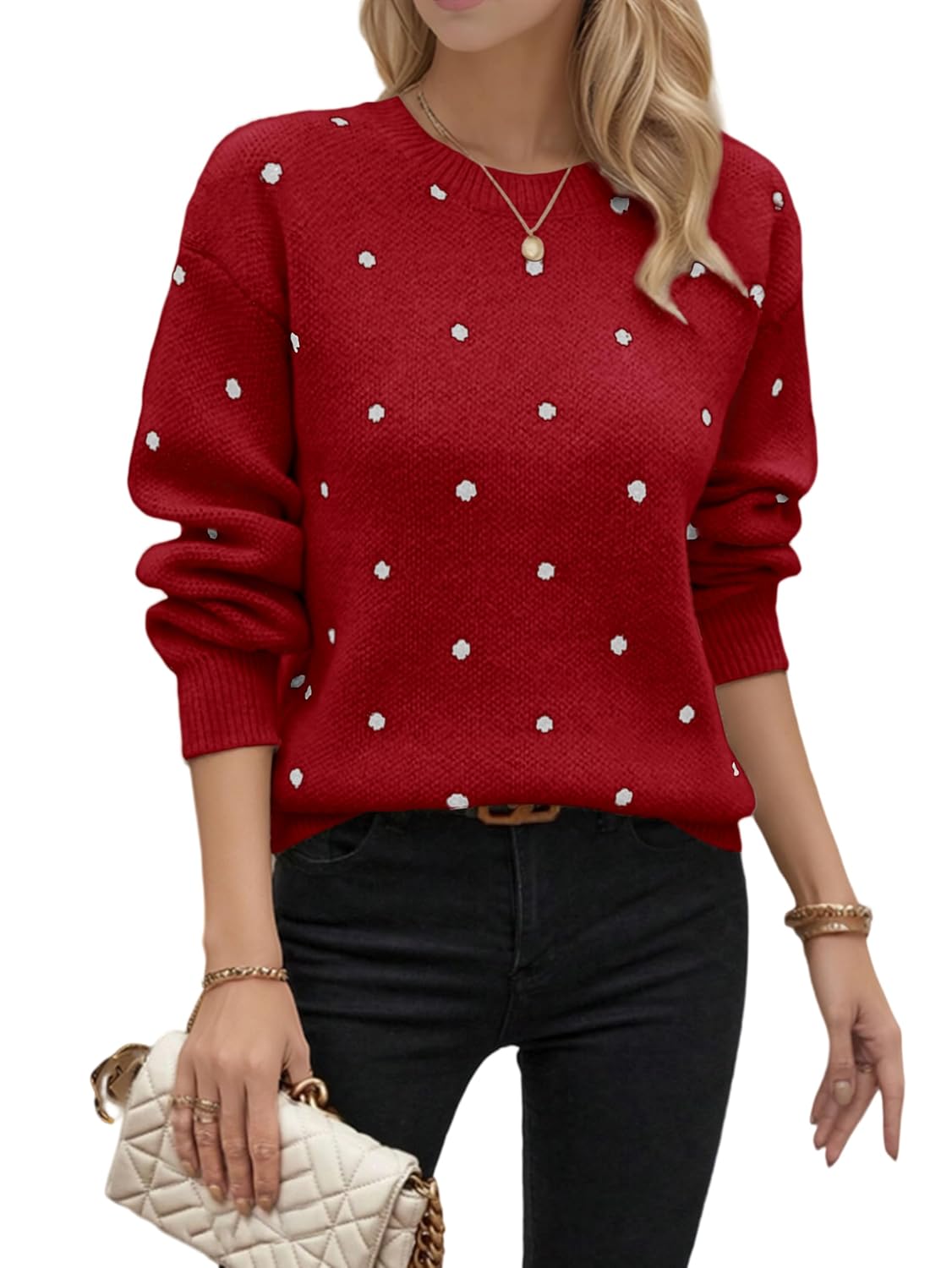 Sweaters for Women Polka Dot Sweater Crewneck Long Sleeve Tops Fall Winter Casual Knitted Pullover