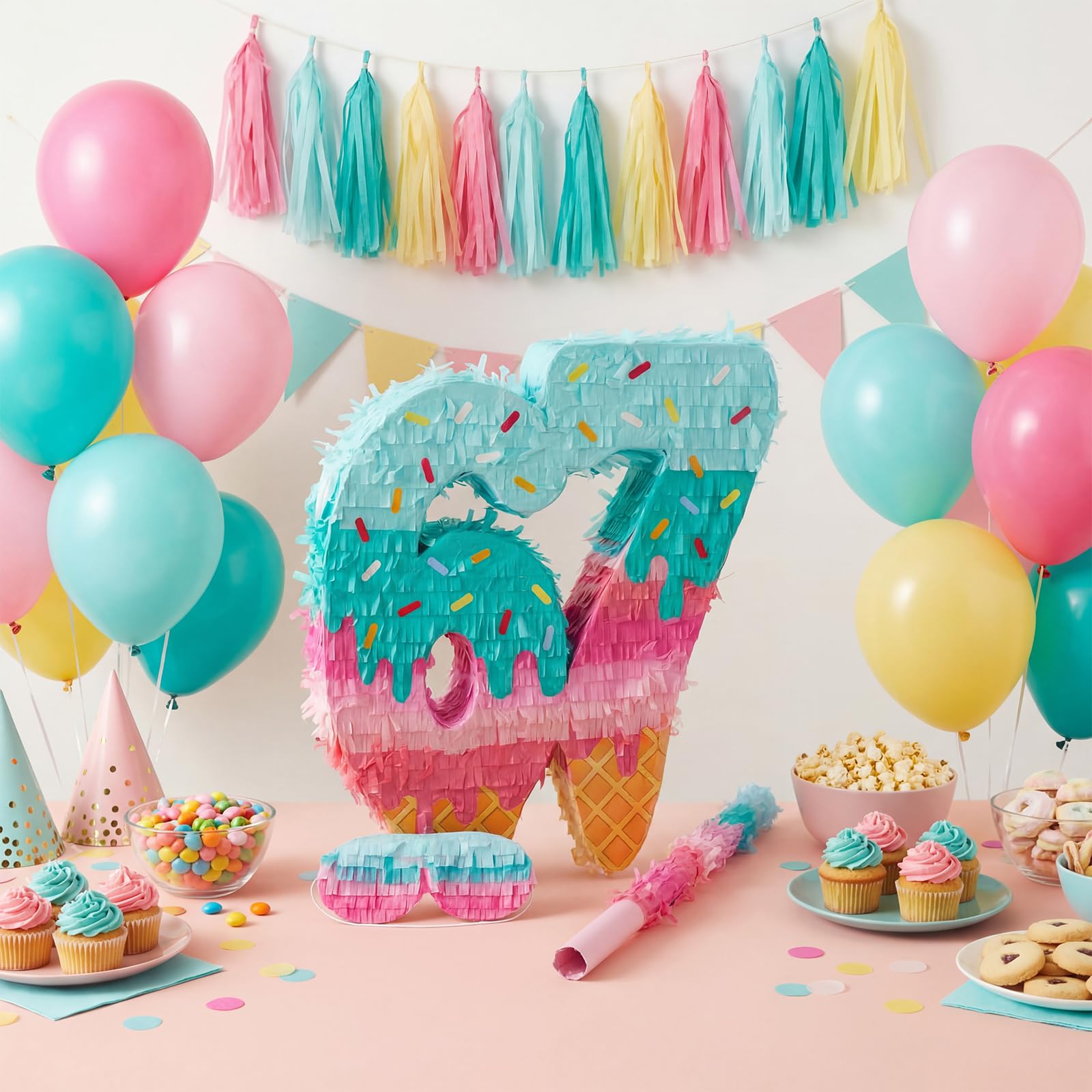 Sanwuta Juego de piñata de helado 67 con máscara de palo de murciélago y confeti, decoración de fiesta temática de Sundae multicolor, cartón duradero, ideal para celebración de cumpleaños de verano