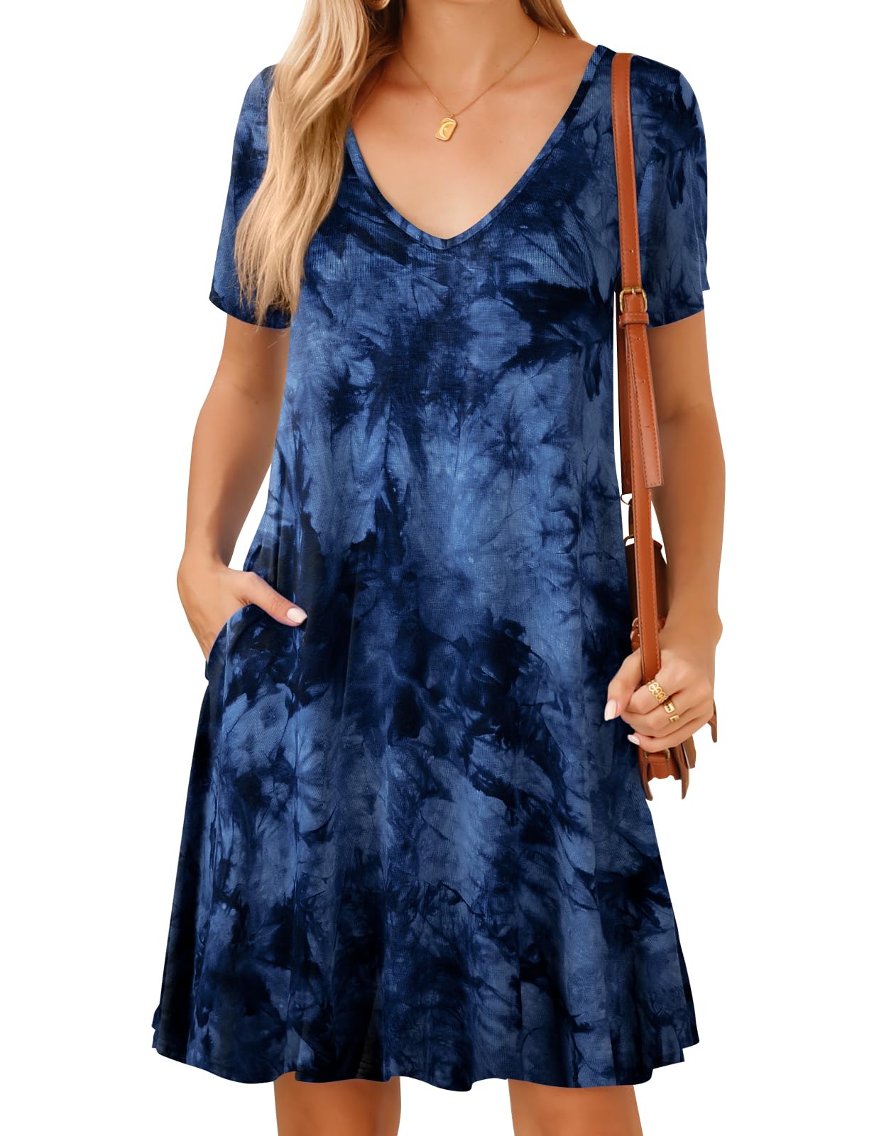 JollieLovin Women T Shirt Plus Size Summer Swing Dresses Short Sleeve V Neck Loose Casual Dress(L-5X)
