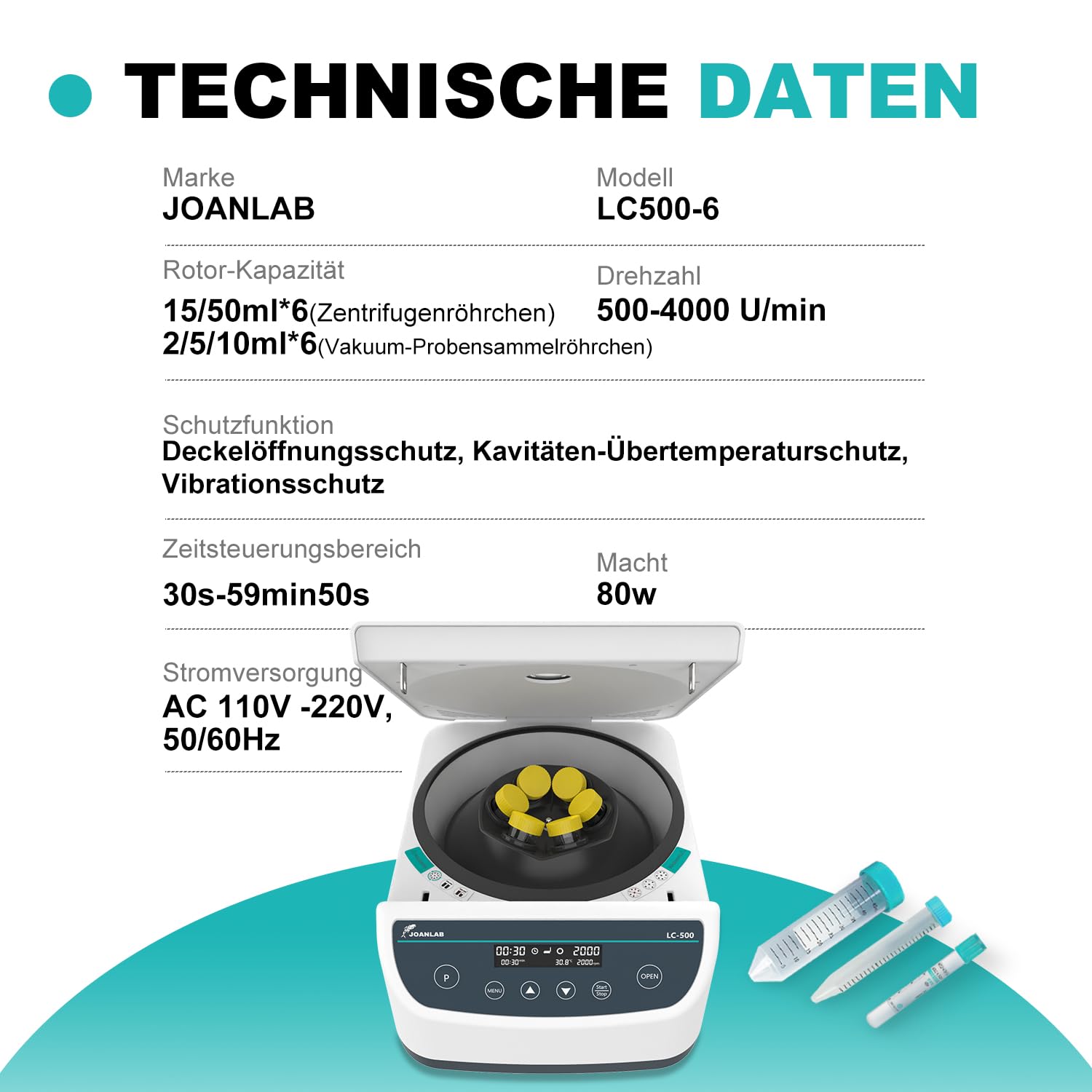 JOANLAB Laborzentrifuge, 500-4000 U/min, Max. 2146 xg, 9 Programmspeicher, Timer, für 2/5/10/15/50ml Röhrchen (6-fach Winkelrotor)