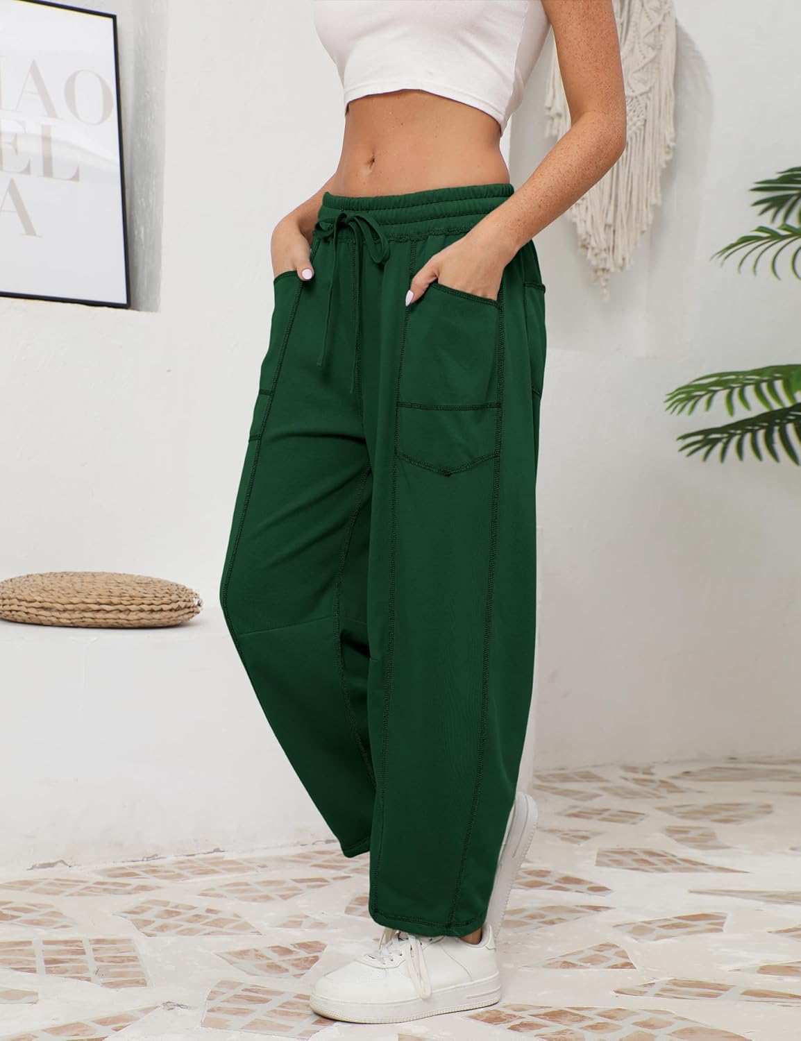 Athlisan Womens Baggy Barrel Pants Wide Leg Lounge Drawstring Sweatpants with Pockets - Image 5