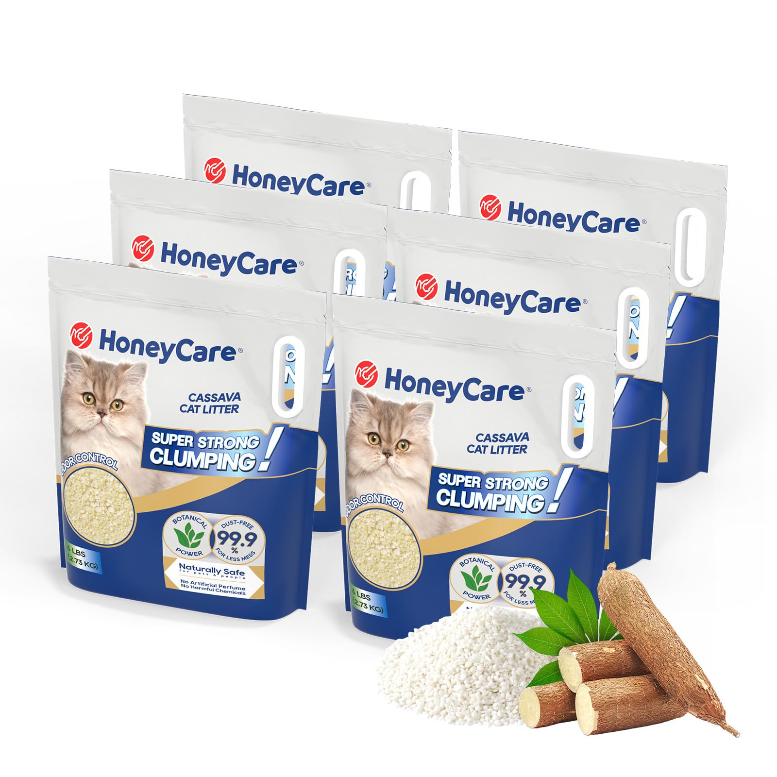 HONEYCARE キャッサバ製猫砂 ハニーケア 猫砂 しっかり固まる 猫トイレ砂 小粒 天然素材 食べてしまっても大丈夫 約25.2L/2.73kg*6袋 しっかり消臭 飛び散らない 臭みから解放 無香料