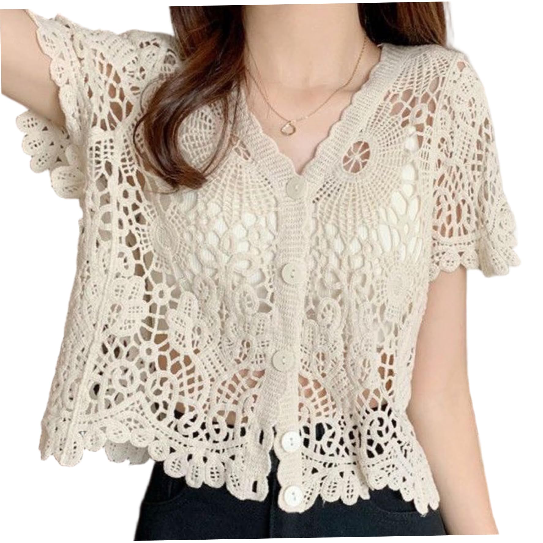 Comebachome Lace Cardigan for Women, V Neck Short Sleeve Hollow Out White Lace Cardigan, Button Up Crochet Shrug for Summer, One Size, Shrugs for Women, for
