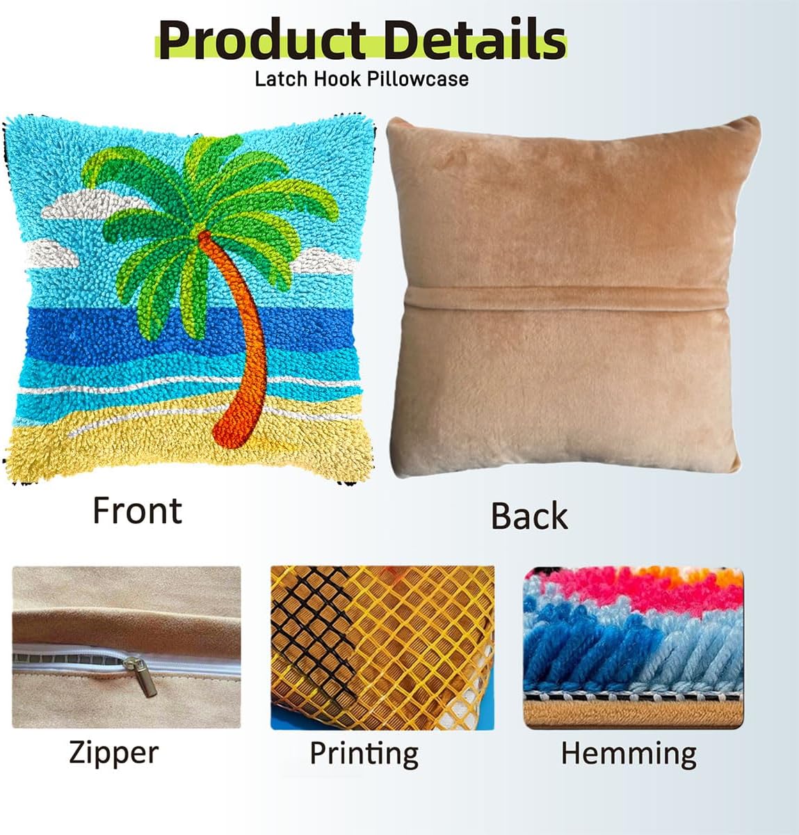 Latch Hook Pillow Kit for Adults with Summer Beach Palm Tree Pattern DIY Crochet Craft Kit Pillowcase Cushion for Home Decor 17x17inch-8