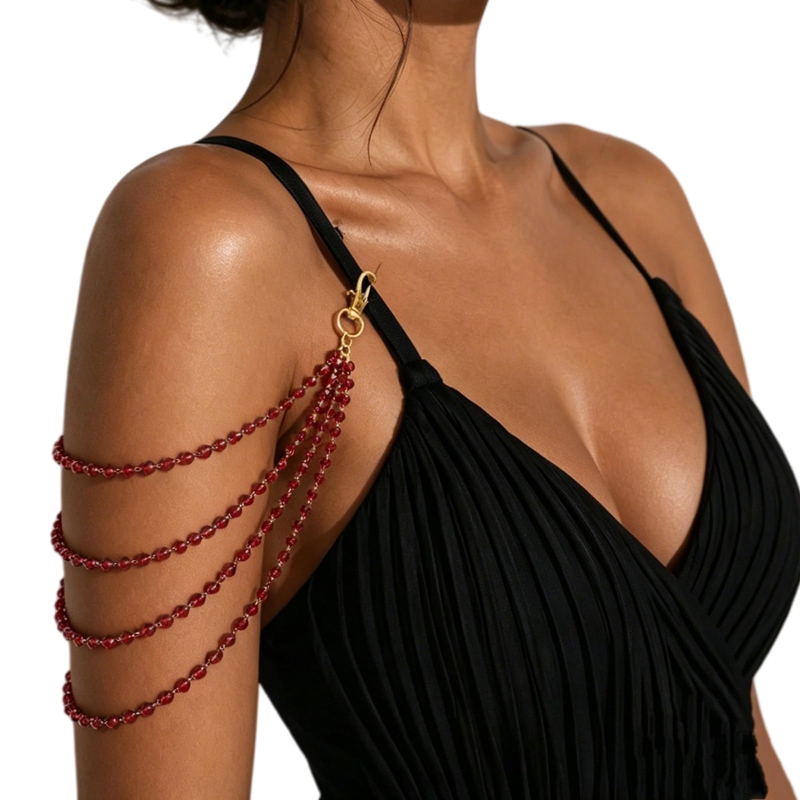 Red Beaded Arm Chain for Women Adjustable Shoulder Body Jewelry with Multi Layer Crystal Bead StrandsDecorative Fashion Arm Harness Accessory for Festival Party Set of 2-image-46