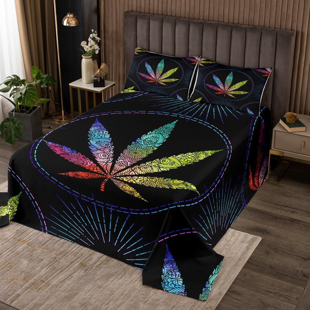 Rainbow Marijuana Weed Coverlet Set Chic Bohemian Tropical Plants Quilted Coverlet Boho Mandala Flowers Comforter Set Bedspreads Quilt Set for Children Kids Coverlet Set,Twin Size 2 Pcs