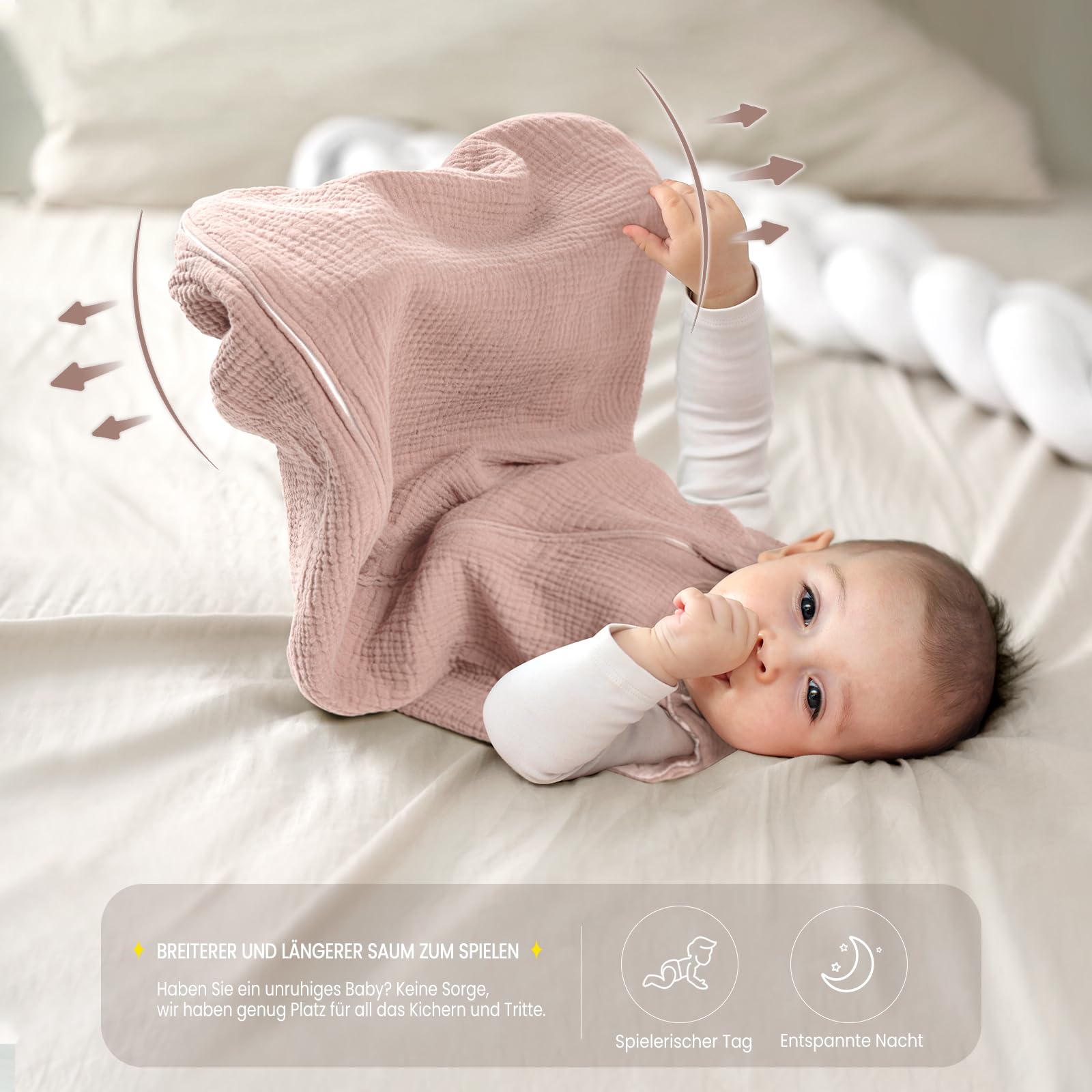 lulumoon Baby Schlafsack für 3-9 Monate: Musselin Schlafsack Baby für Jungen und Mädchen - Baumwolle Babyschlafsack für 70cm Ganzjahres Kinderzimmer