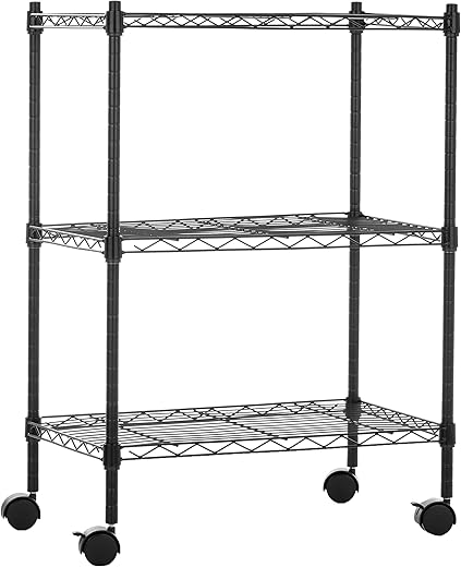 Amazon Basics Narrow 3-Tier Rolling Storage Unit with Height Adjustable Shelves and Leveling Feet, Max Weight 340kg, Black, 34cm x 59cm x 83.5cm (D x W x H)