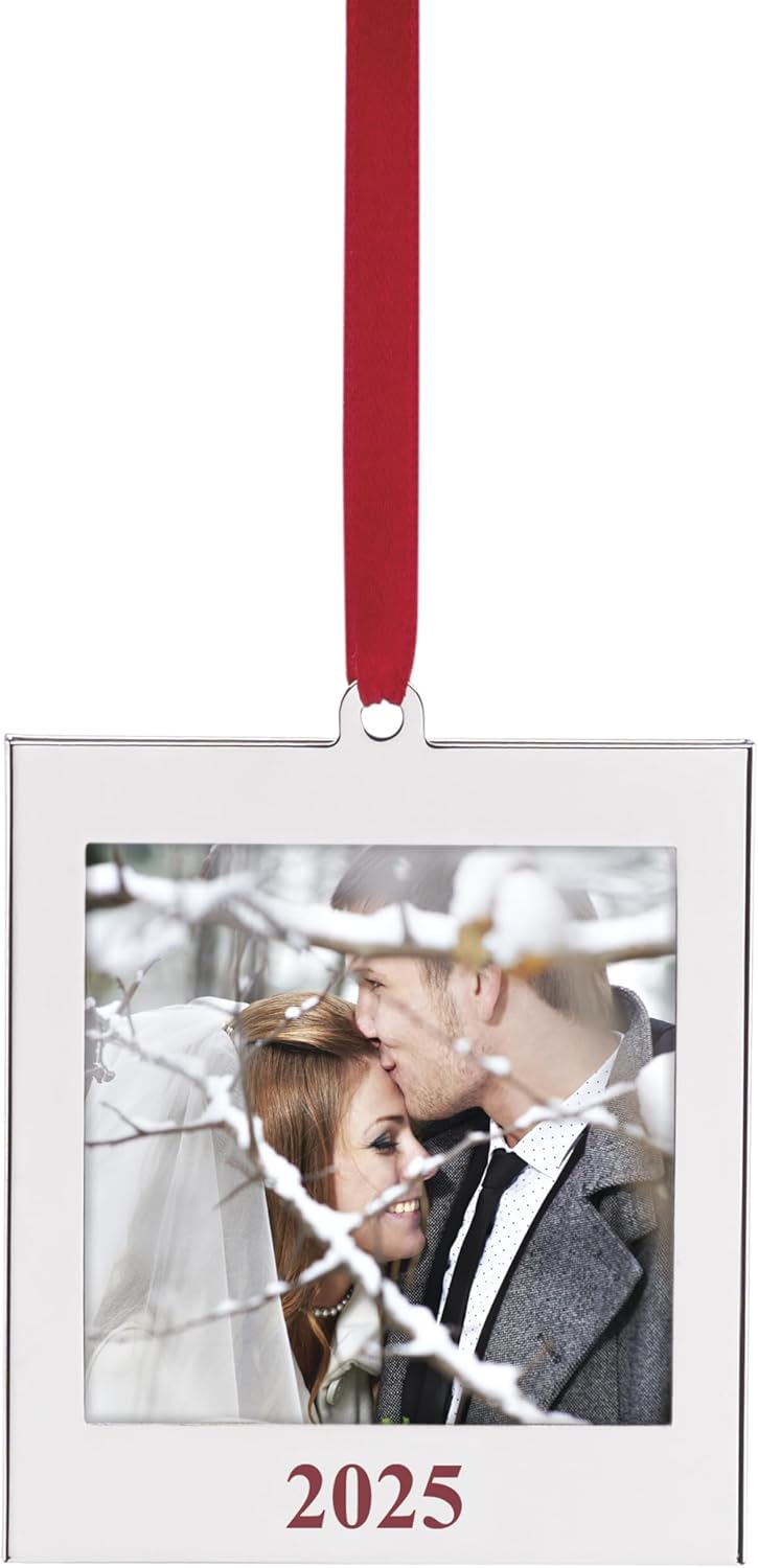 Lenox Ornament, 2025 Frame Silverplate Ornament, Tree Decorations, Red Ribbon for Hanging, Christmas Decor, Tree Decor, Family Picture Ornaments, Christmas Decoration (Silver, 1 Piece, 2.5×2.75-Inch)