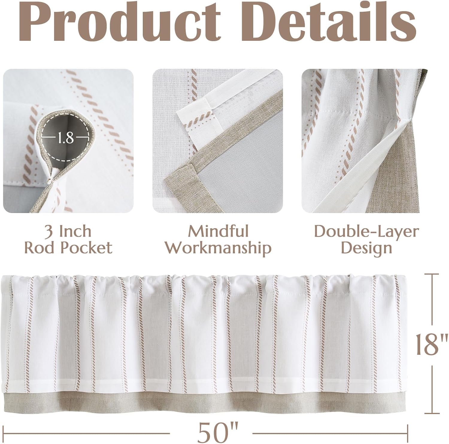 jinchan Nautical Valance Striped Linen Curtain 18 Inch Farmhouse Light Filtering Kitchen Valance for Living Room Window Double Layer Window Pinstripe 1 Panel Taupe on White
