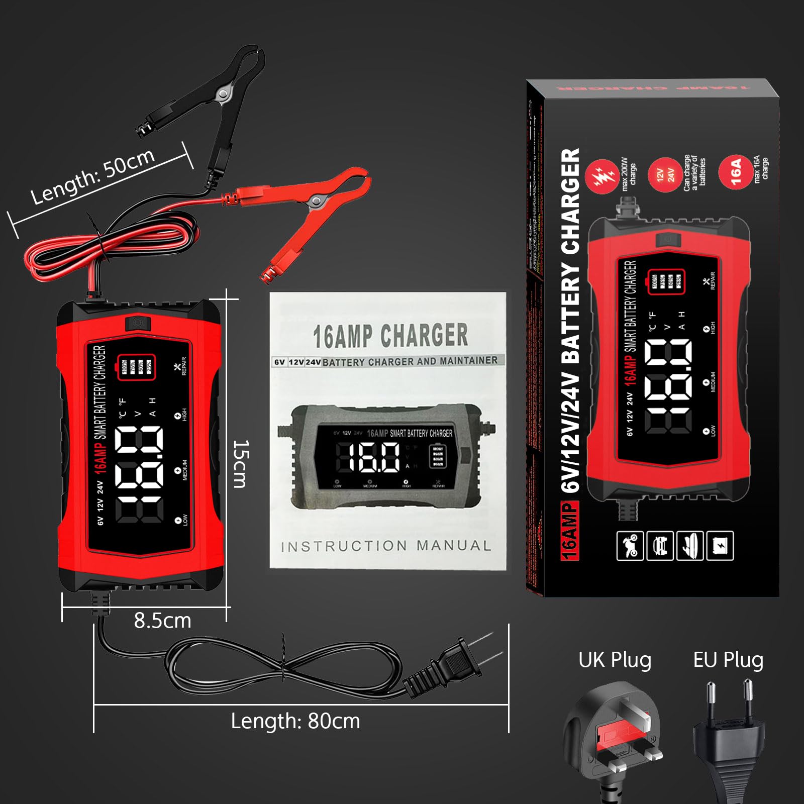 HTRC Cargador Baterias Coche 16A 6V/12V/24V, Cargador de Batería de Coche con Pantalla LCD Compatible con Barcos, SUV, Motocicletas y Baterías Litio, LiFePO4, Plomo-Ácido(AGM, Gel, MF, EFB, SLA, Wet)