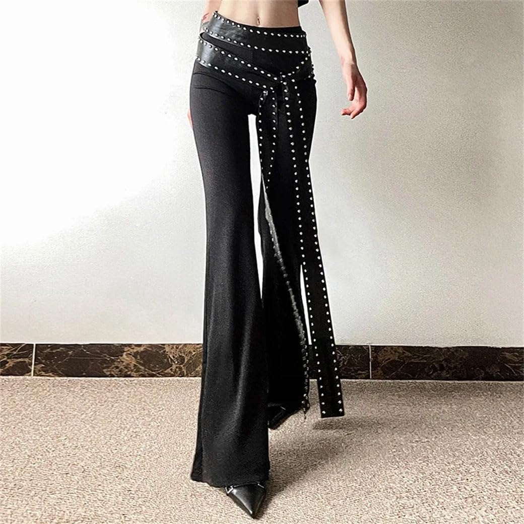 Pantaloni a Zampa a Vita Alta da Donna, Pantaloni Casual in Stile Gotico, Pantaloni Aderenti con Cintura in Pelle (Nero M)