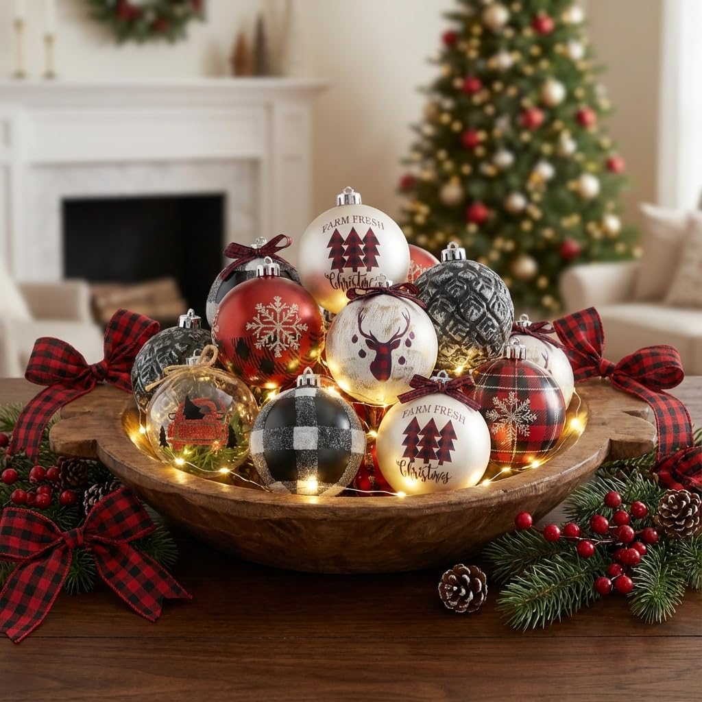 Valery Madelyn Lot de 16 boules de Noël incassables rouges et noires pour sapin de Noël, 8,9 cm, ornement décoratif à suspendre en vrac pour décoration de fête de Noël
