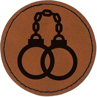 Handcuffs Police Law Enforcement Round Iron-On Engraved Faux Leather Patch Applique - 2.5 Inch - Brown