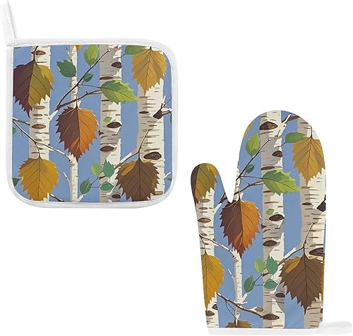 Birch Leaves Oven Mitts and Pot Holders Set Kitchen Oven Glove Cooking Mitts with Hanging Loop Heat Resistant Potholder Set for Chef Baking Cooking