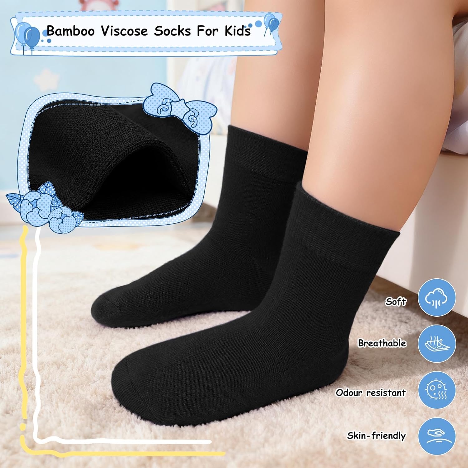 Artfasion Kids Seamless Crew Socks: Bamboo Viscose Soft Breathable School Socks for 2-12 Years Boys Girls Sports Gift 5 Pairs - Image 3