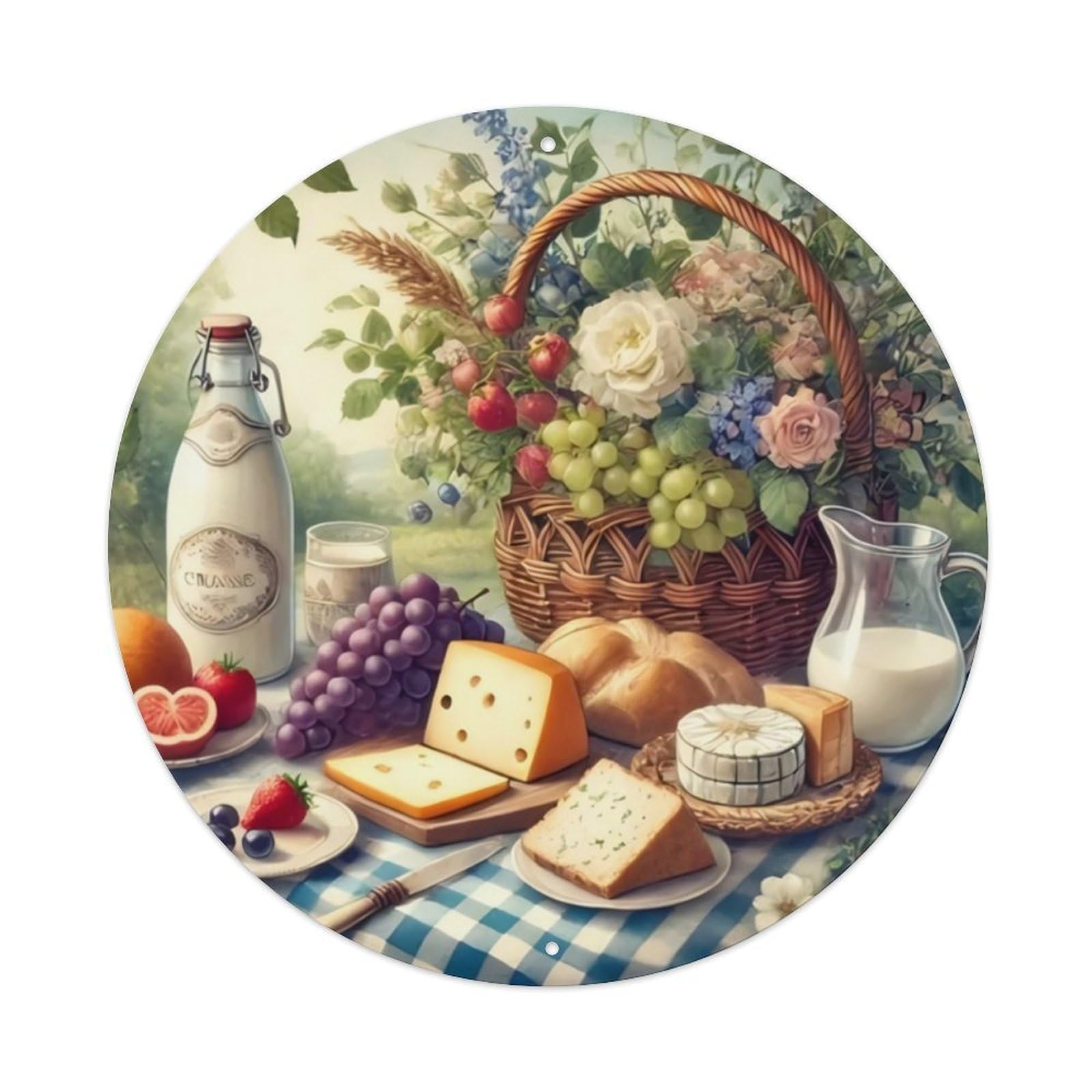 Country Picnic Cheese Fruit Floral Round Decor Sign Vintage Aluminium Metal Sign, Retro Wall Decor for Home, Bar, Garage & Farmhouse 20x20cm