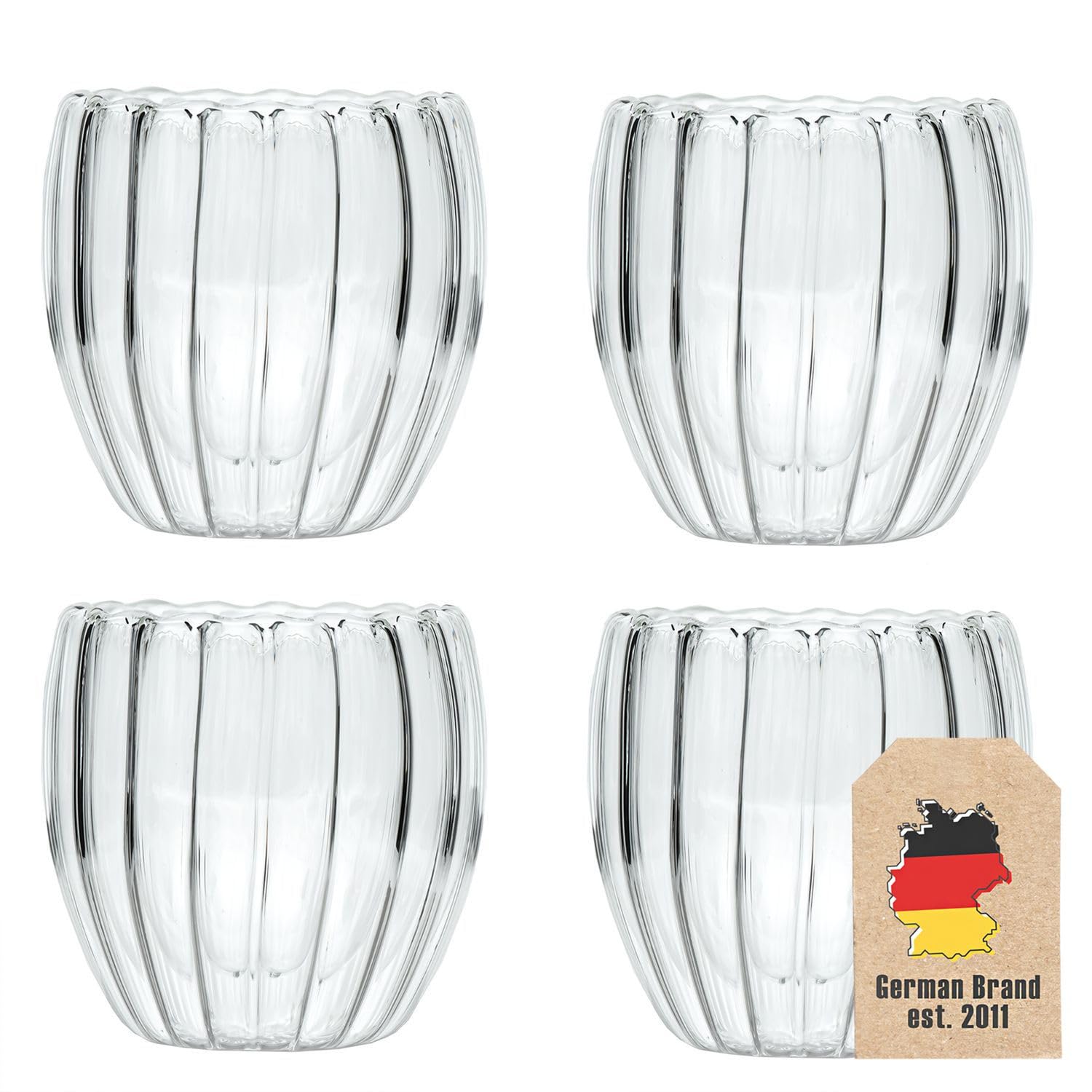 Intirilife 4x szklanki termiczne z podwójnymi ściankami - styl prążkowany -pojemność 190 ml- dmuchane, izolowane szklanki do cappuccino latte - odporna na ciepło szklanka do kawy i herbaty bez uchwytu
