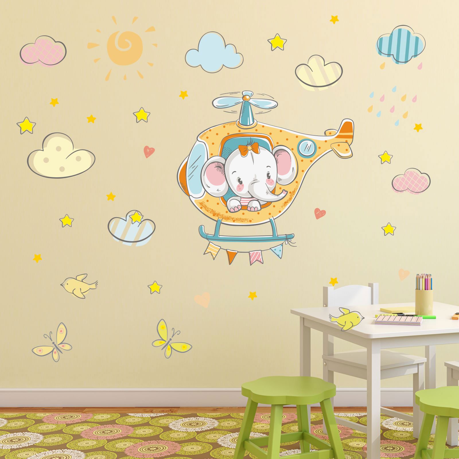 nikima 028 - Adesivo da parete per cameretta dei bambini, motivo: elefante su elicottero, disponibile in 6 misure