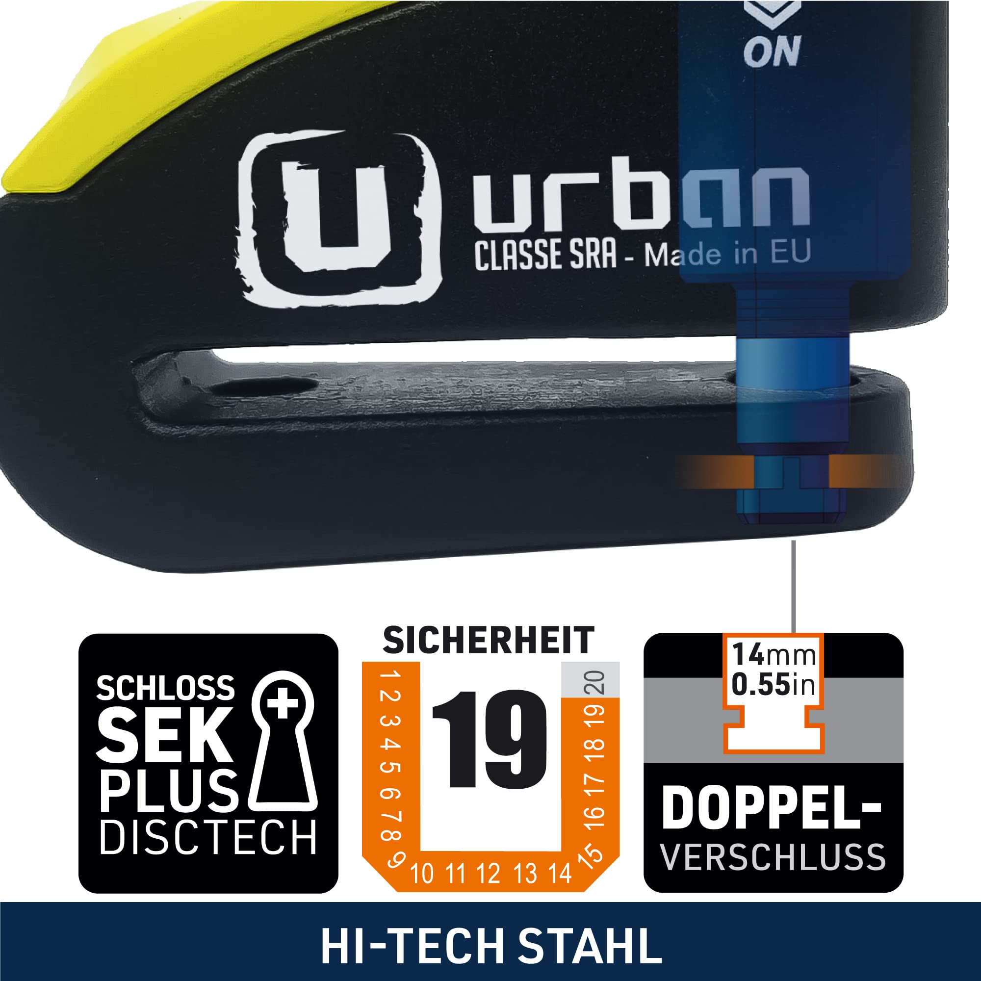 URBAN 999 Hi-Tech Bremsscheibenschloss mit Alarm 120dB ON/OFF Empfindlichkeit A+, Maximale Sicherheit mit SRA Zulassung, Doppelverriegelung ø14mm, Optionale Halterung, Motorradschloss mit Alarm