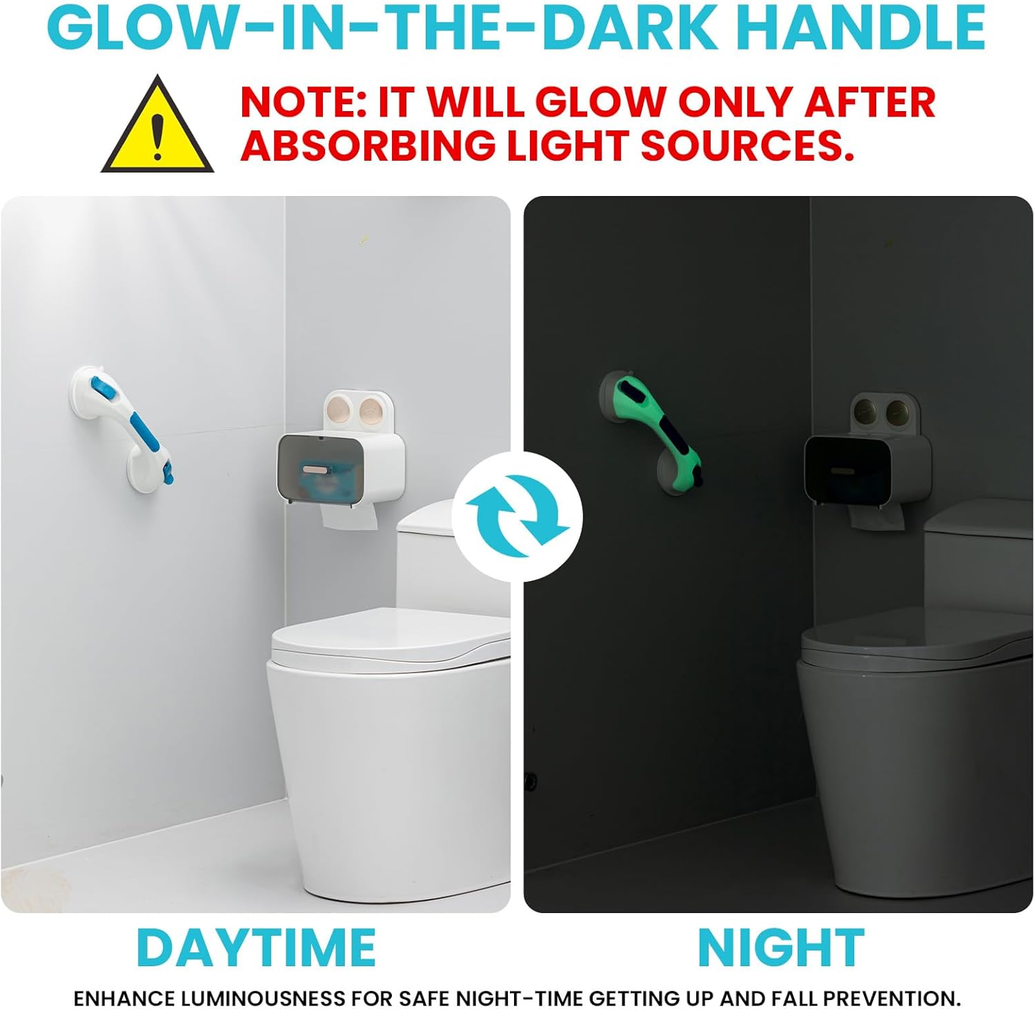 TAILI Shower Grab Bar Glow in The Dark, 2 Pack 12.2 in Grab Bars for Bathtubs and Showers,Shower Handles Shower Rails for Seniors and Elderly,Bathroom Safety Grip Removable No Drilling Waterproof Blue 12.2" Blue& Glow Green