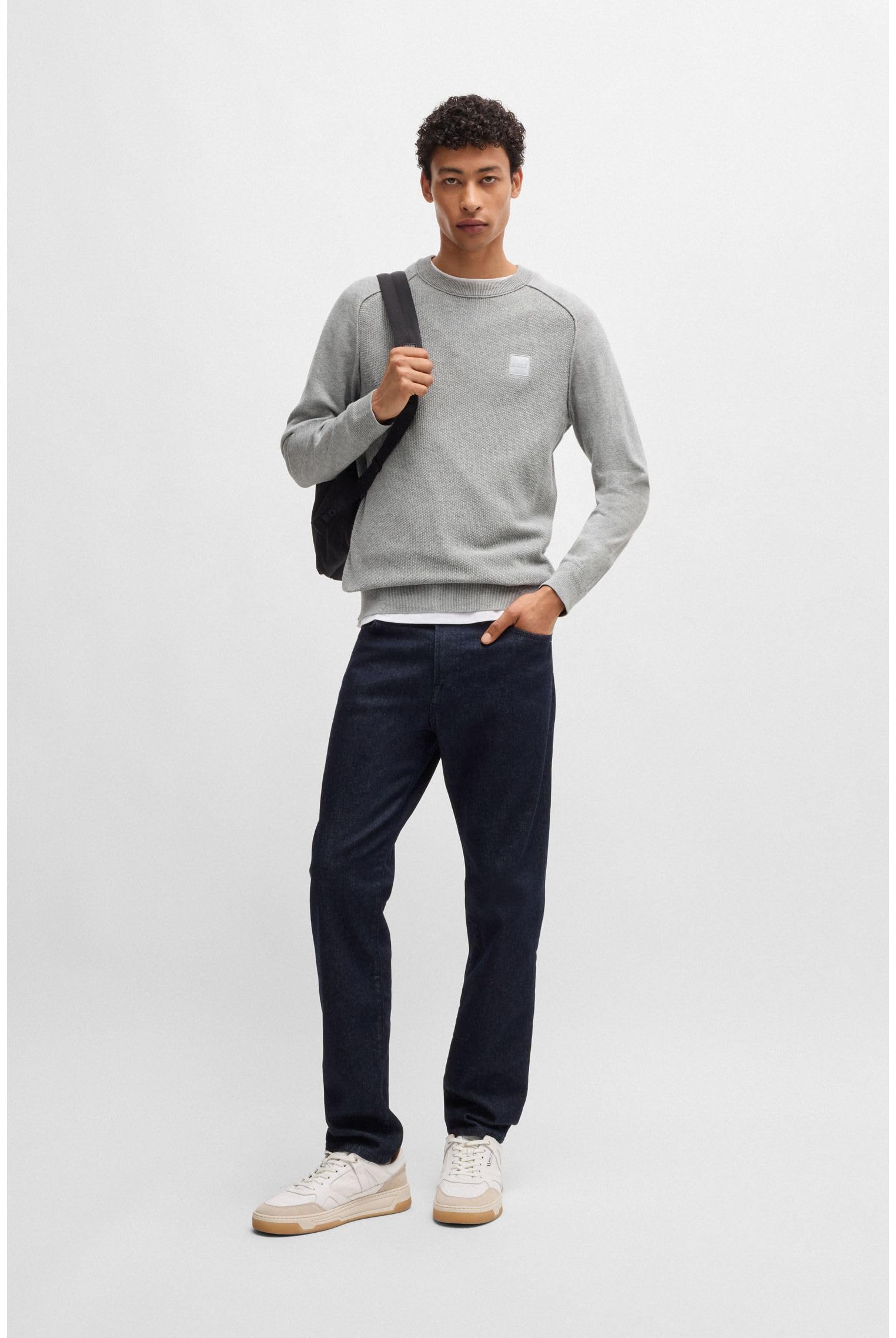 BOSS Herren Kesom Strukturierter Pullover aus Baumwolle und Kaschmir mit Web-Etikett