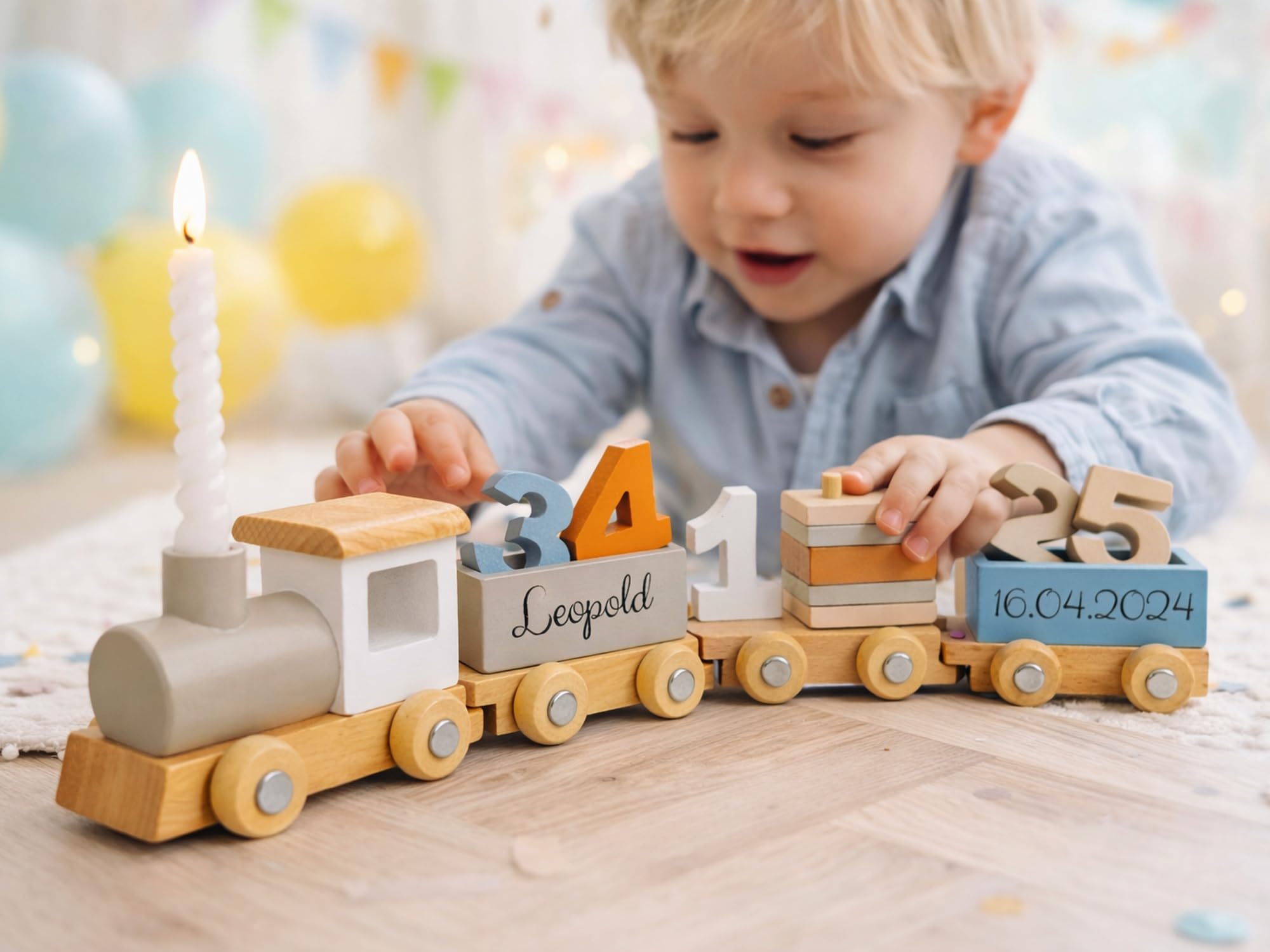 Personalisierter Geburtstagszug aus Holz mit Zahlen 1–5 – Kinder Geburtstagszug mit Kerzenhalter – Tischdeko & Spielzeug für Kindergeburtstag – Geschenk zum 1.–5. Geburtstag