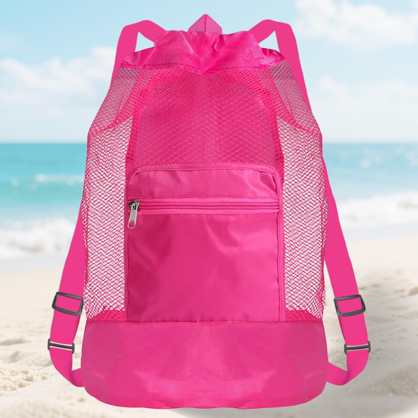 Mesh Beach Drawstring Beach Backpack Foldable Toy Organizer Pouch Shell Adjustable Straps Large Capacity Swim Bag (Pink)
