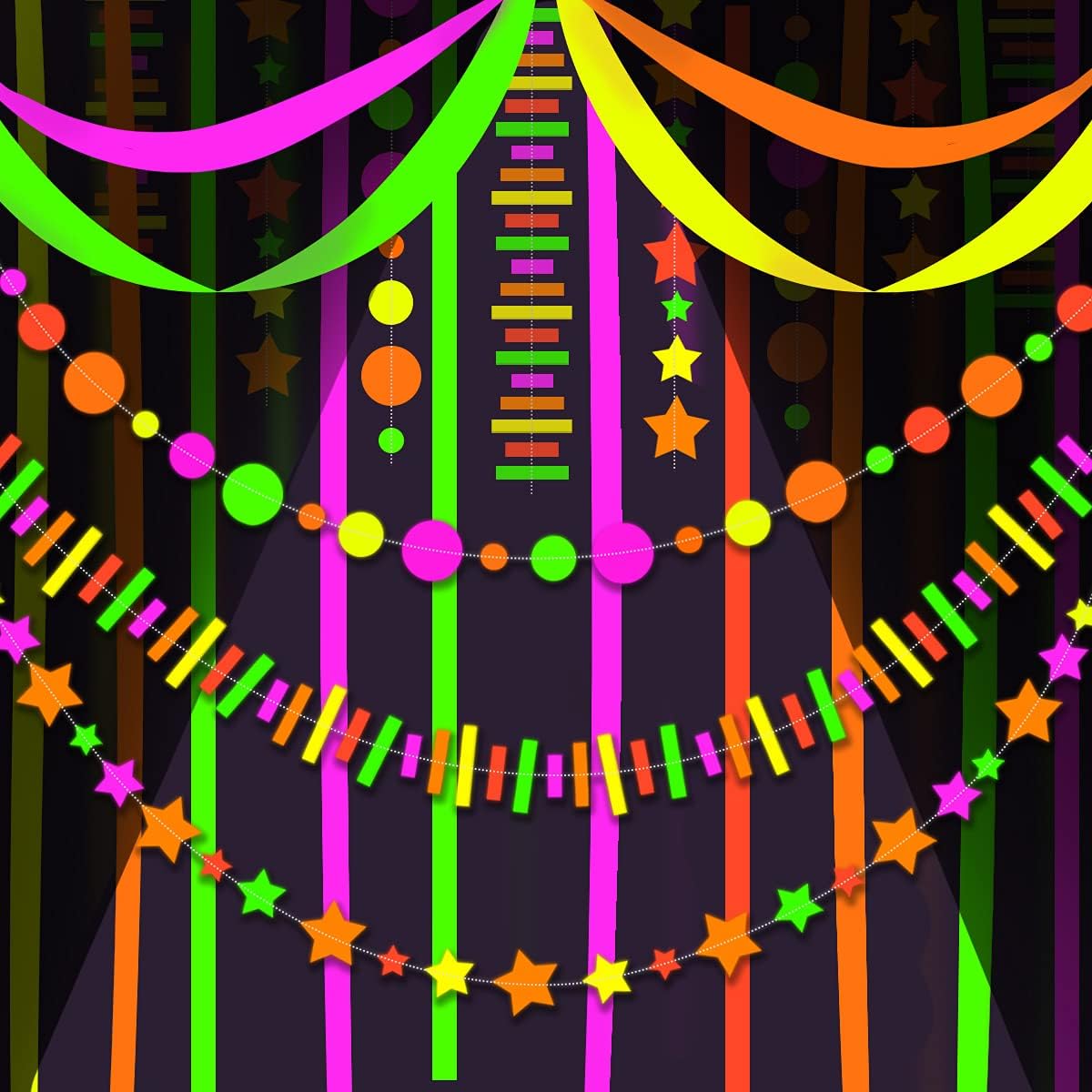 UNIIDECOGlow in The Dark Neon Streamers Garlands Kit, Dance Party Black Light UV Reactive Florescent in Decorations Backdrop, Crepe Paper Roll Circle Dots, Fiesta Graduation Birthday Party Supplies