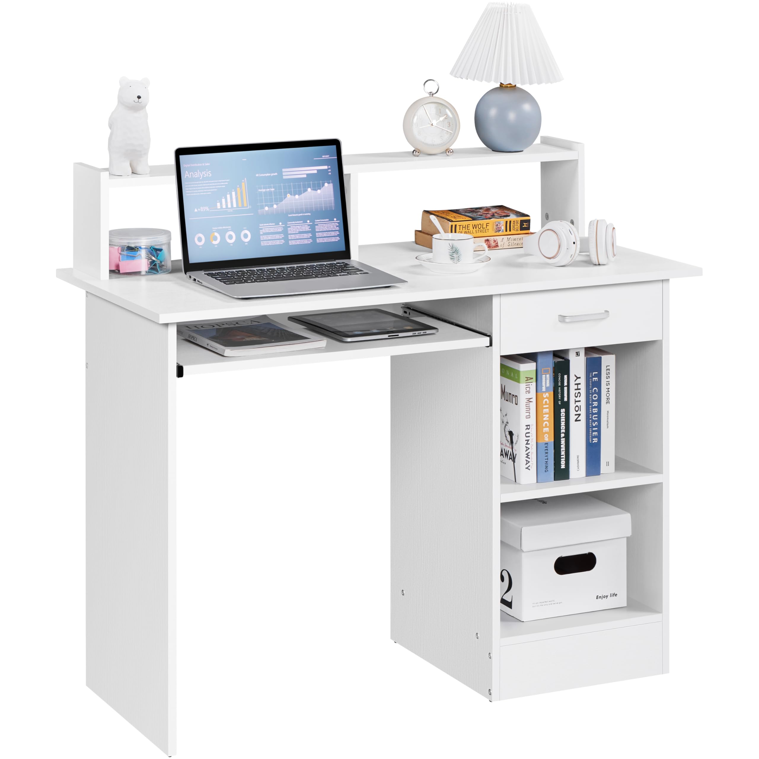 Yaheetech Mesa Escritorio Blanca Mesa de Ordenador con Cajones Escritorio de Oficina con Soporte de Monitor Mesa PC para Despacho 106x50x94cm
