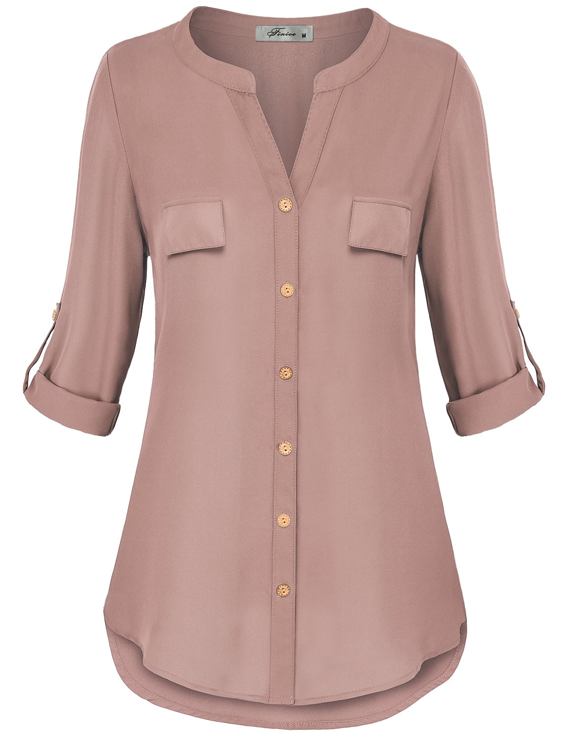 JCZHWQUWomens Notch V-Neck Tab Sleeve Button Down Chiffon Blouse Top