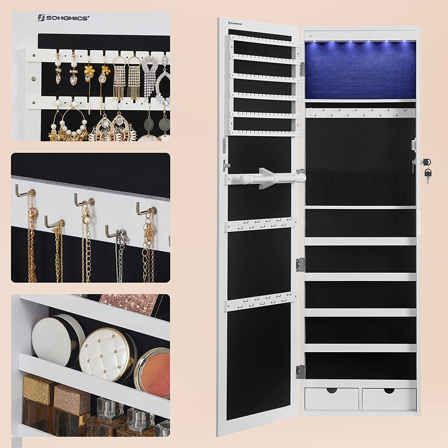 SONGMICS Armario para Joyas, Espejo Joyero de Pared, con Luces LED y Cierre, Organizador de para Pendiente, Collar, Espejo y Varios Compartimentos, Blanco con Vetas de Madera JBC93W